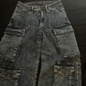 Acid Wash Cargo Jeans - Stone Blue